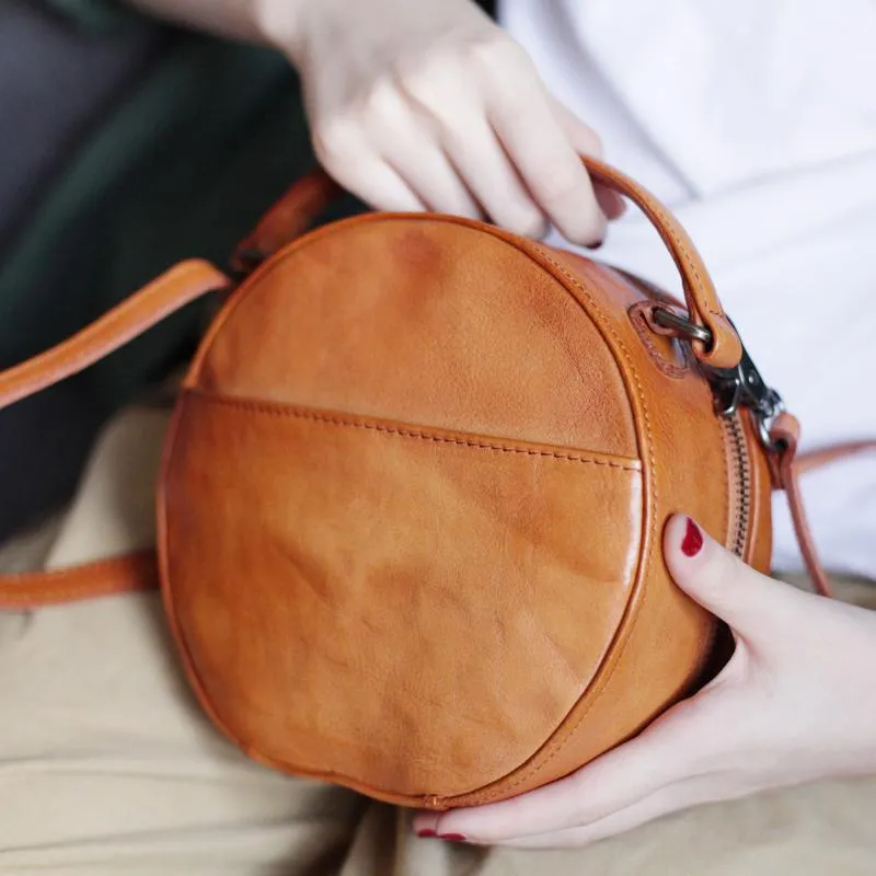 Vintage Womens Brown leather Circle Handbag Shoulder Bag Black Round Leather Crossbody Bag Side Purse