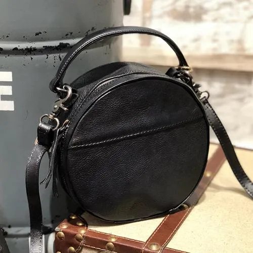 Vintage Womens Brown leather Circle Handbag Shoulder Bag Black Round Leather Crossbody Bag Side Purse