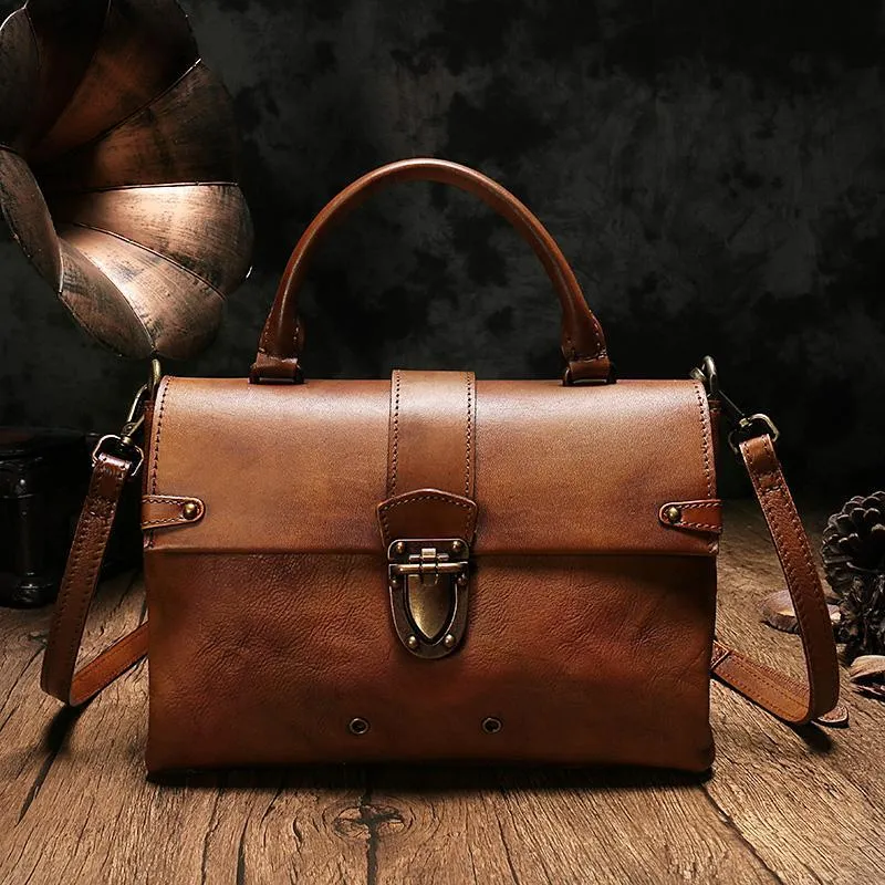 Vintage Womens Brown Leather Satchel Handbags Purse Shoulder Crossbody Bags for Ladies