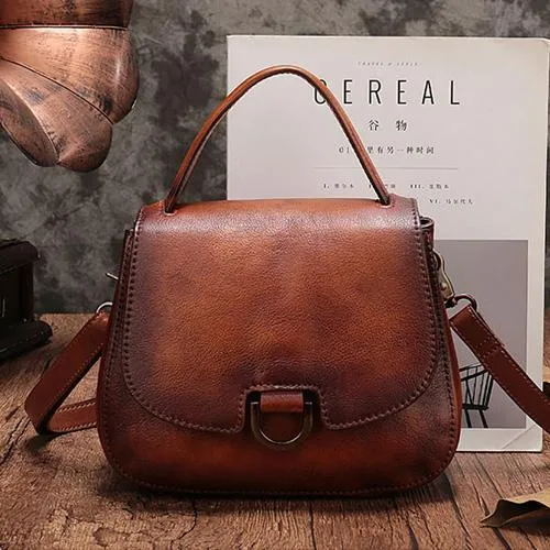 Vintage Womens Brown Leather Small Handbag Shoulder Bag Dome Satchel Purse Bag for Ladies