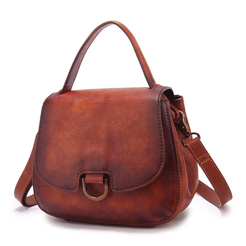Vintage Womens Brown Leather Small Handbag Shoulder Bag Dome Satchel Purse Bag for Ladies
