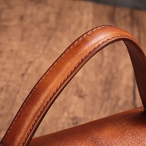 Vintage Womens Brown Leather Small Handbag Shoulder Bag Dome Satchel Purse Bag for Ladies