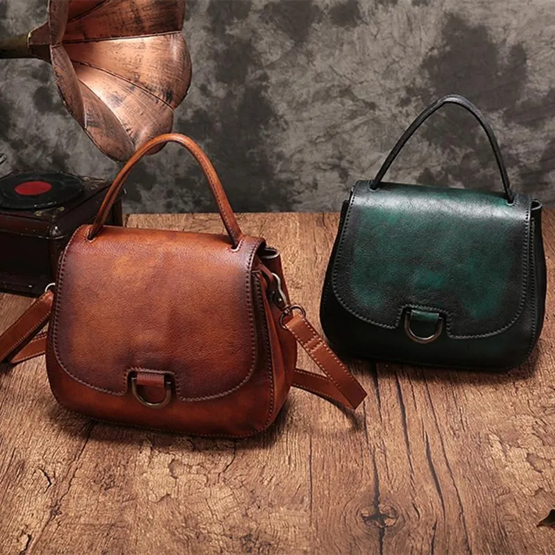 Vintage Womens Brown Leather Small Handbag Shoulder Bag Dome Satchel Purse Bag for Ladies