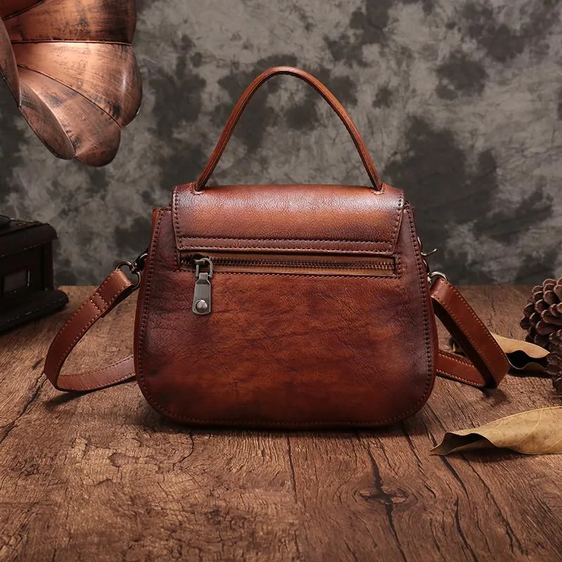 Vintage Womens Brown Leather Small Handbag Shoulder Bag Dome Satchel Purse Bag for Ladies
