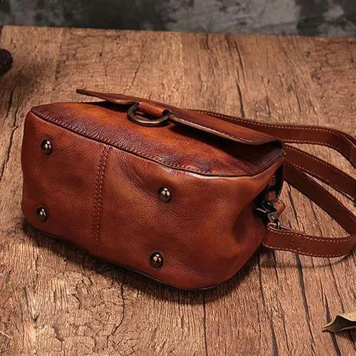 Vintage Womens Brown Leather Small Handbag Shoulder Bag Dome Satchel Purse Bag for Ladies