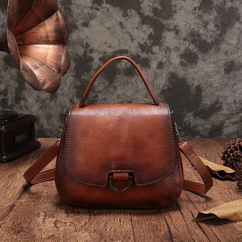Vintage Womens Brown Leather Small Handbag Shoulder Bag Dome Satchel Purse Bag for Ladies