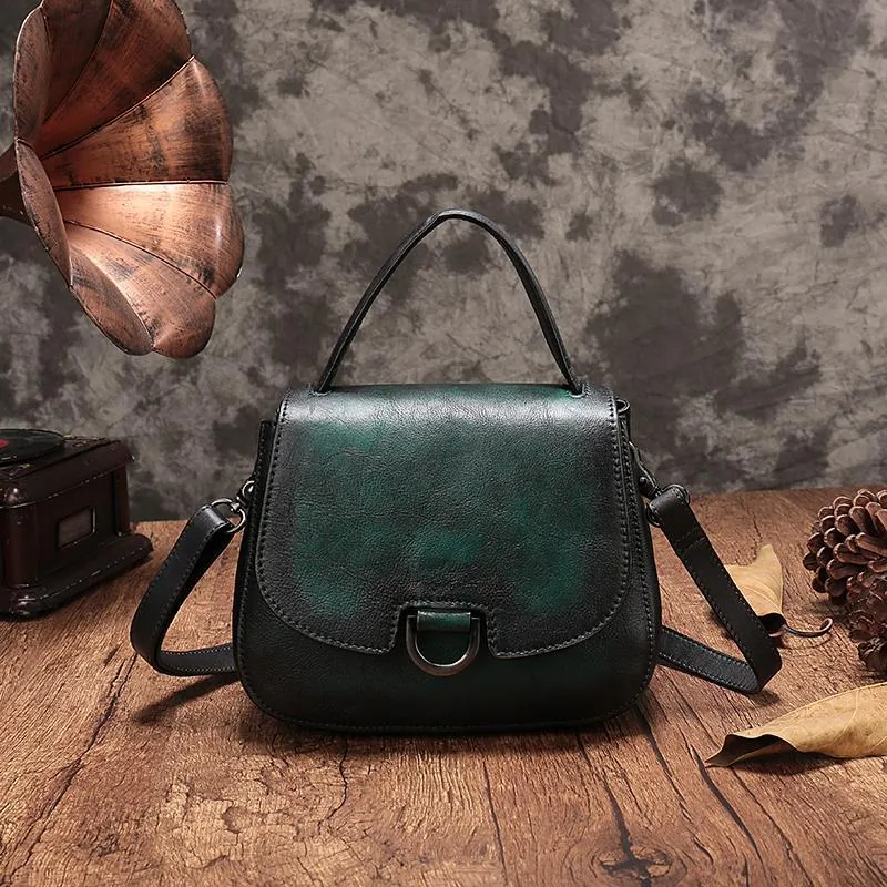Vintage Womens Brown Leather Small Handbag Shoulder Bag Dome Satchel Purse Bag for Ladies