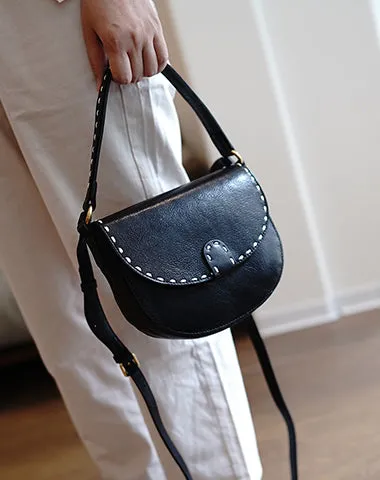 Vintage Womens Brown Leather Small Saddle Handbag Shoulder Bag Purse for Women