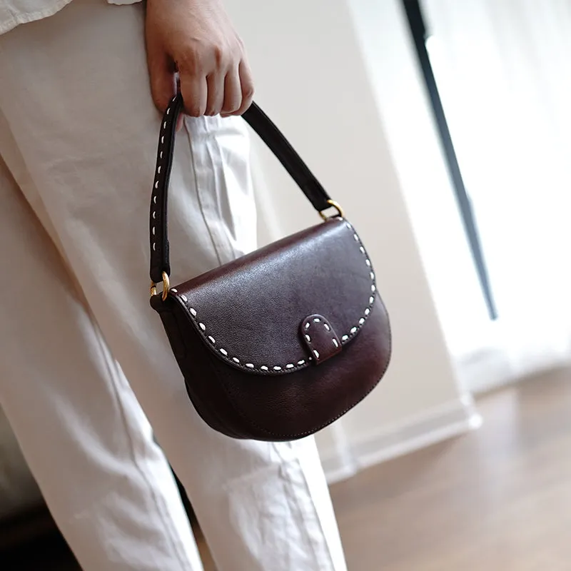 Vintage Womens Brown Leather Small Saddle Handbag Shoulder Bag Purse for Women