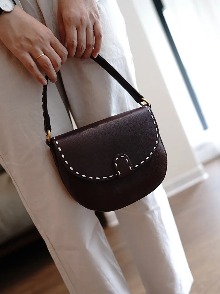 Vintage Womens Brown Leather Small Saddle Handbag Shoulder Bag Purse for Women