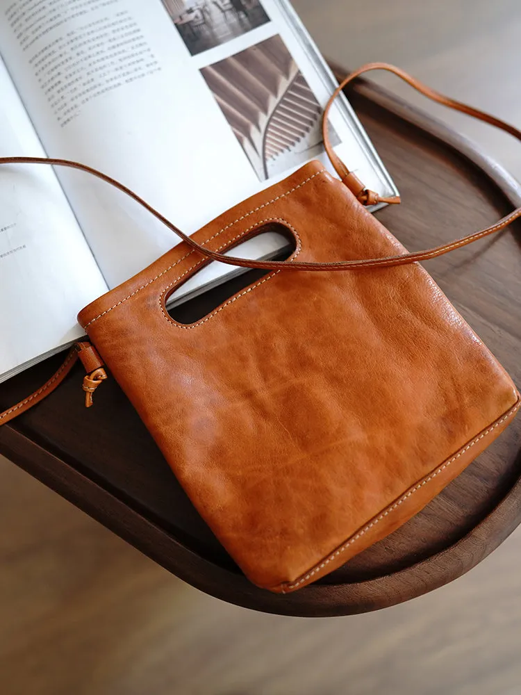 Vintage Womens Brown Leather Small Square Handbag Shoulder Bag Purse for Women