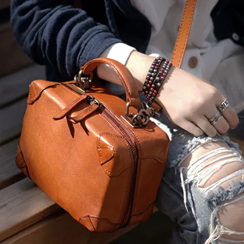 Vintage Womens Brown Leather Square Crossbody Bag Black Women's Small Handbag Shoulder Bag