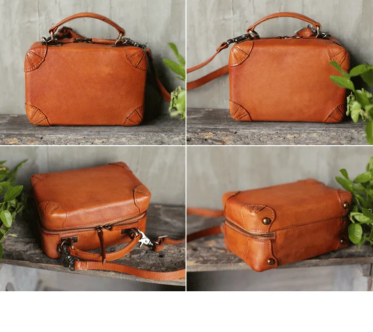 Vintage Womens Brown Leather Square Crossbody Bag Black Women's Small Handbag Shoulder Bag