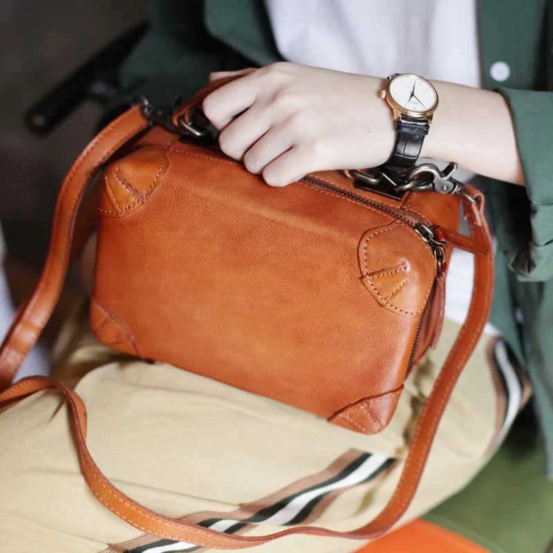 Vintage Womens Brown Leather Square Crossbody Bag Black Women's Small Handbag Shoulder Bag