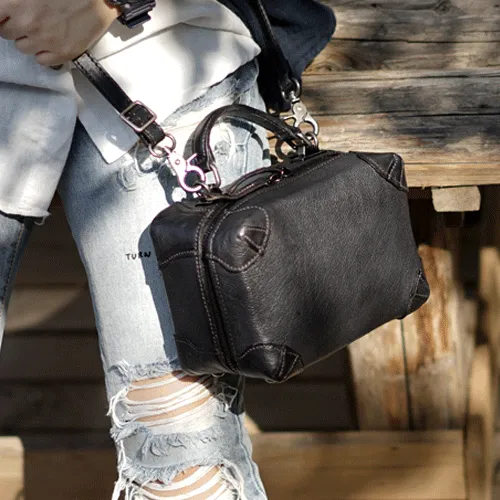 Vintage Womens Brown Leather Square Crossbody Bag Black Women's Small Handbag Shoulder Bag