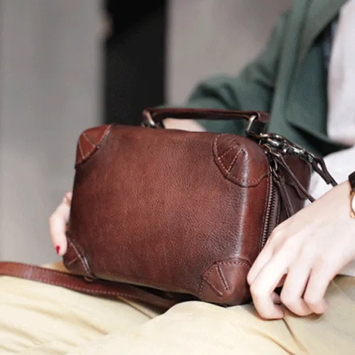 Vintage Womens Brown Leather Square Crossbody Bag Black Women's Small Handbag Shoulder Bag