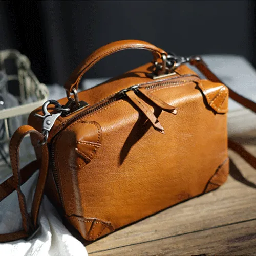 Vintage Womens Brown Leather Square Crossbody Bag Black Women's Small Handbag Shoulder Bag