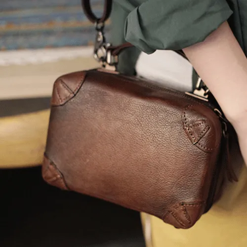 Vintage Womens Brown Leather Square Crossbody Bag Black Women's Small Handbag Shoulder Bag