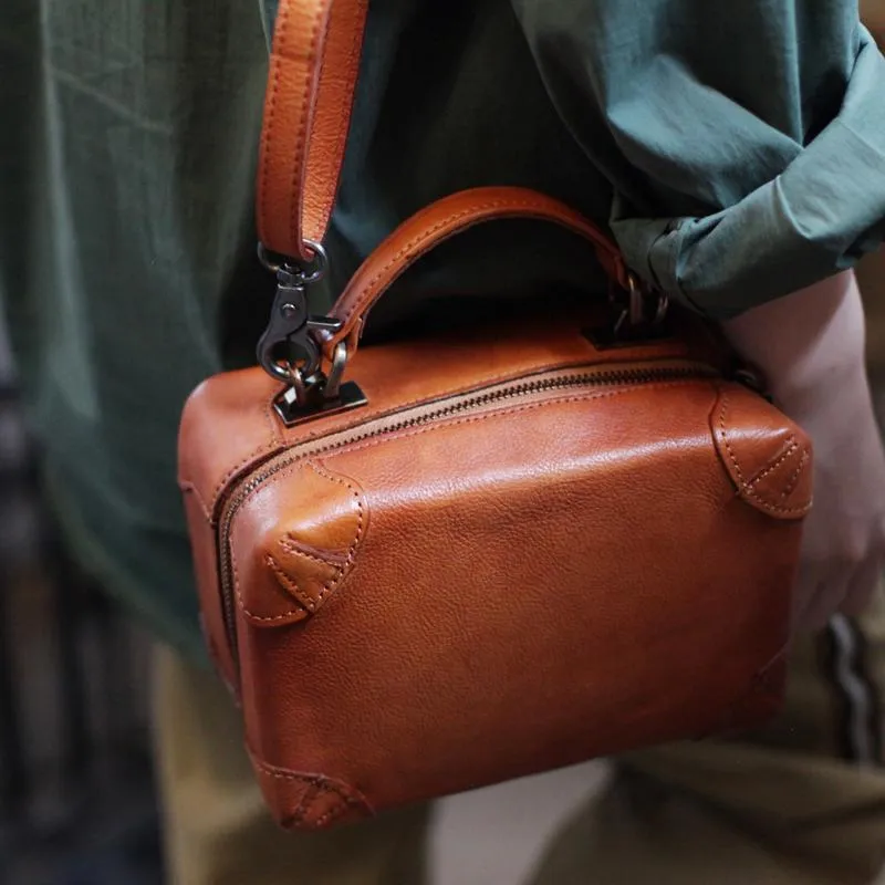 Vintage Womens Brown Leather Square Crossbody Bag Black Women's Small Handbag Shoulder Bag