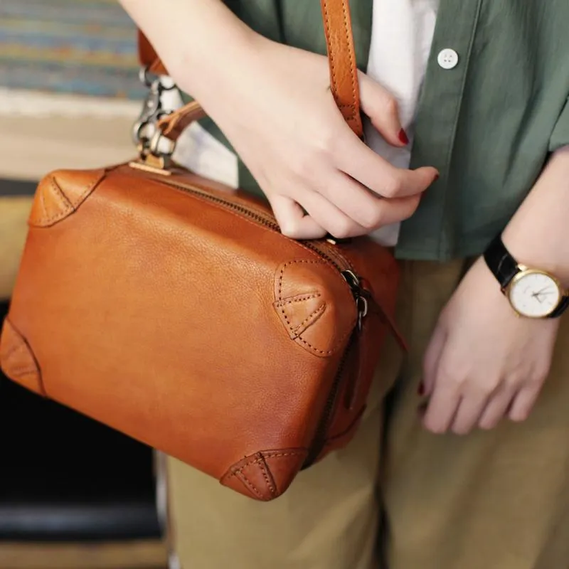 Vintage Womens Brown Leather Square Crossbody Bag Black Women's Small Handbag Shoulder Bag