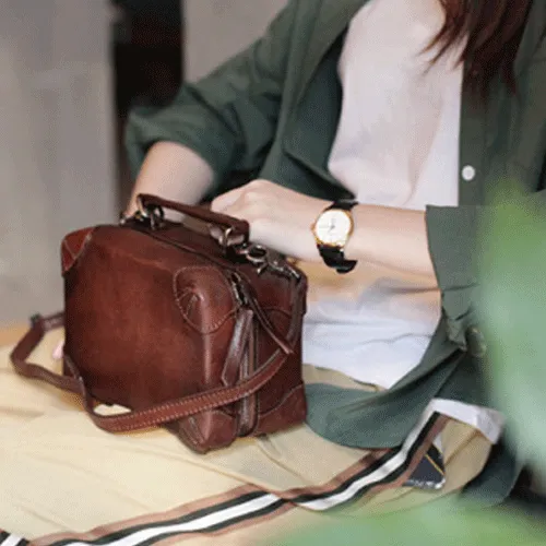 Vintage Womens Brown Leather Square Crossbody Bag Black Women's Small Handbag Shoulder Bag