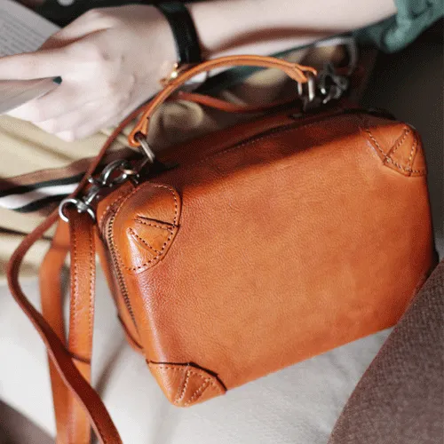 Vintage Womens Brown Leather Square Crossbody Bag Black Women's Small Handbag Shoulder Bag