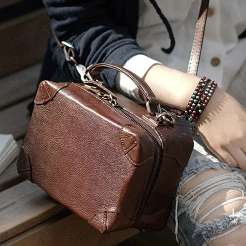 Vintage Womens Brown Leather Square Crossbody Bag Black Women's Small Handbag Shoulder Bag