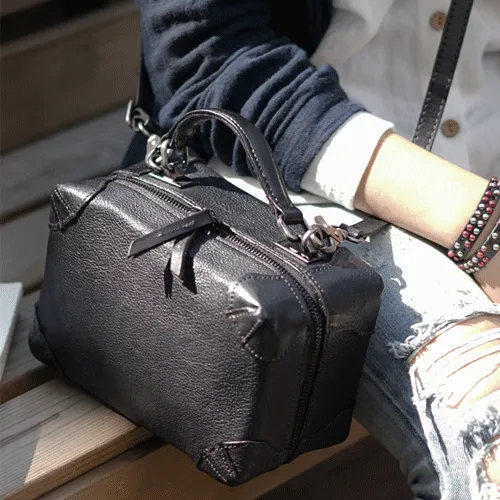 Vintage Womens Brown Leather Square Crossbody Bag Black Women's Small Handbag Shoulder Bag