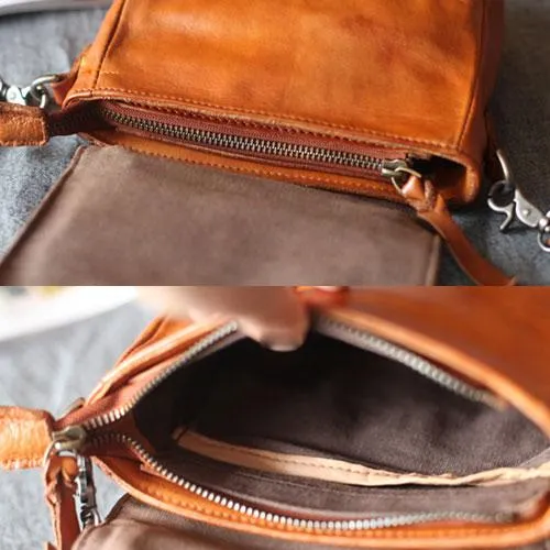 Vintage Womens Brown Small Leather Satchel Handbag Flap Over Shoulder Bag Red Crossbody Bag for Ladies