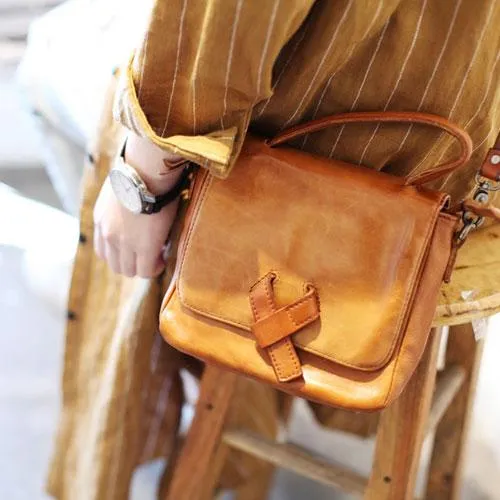 Vintage Womens Brown Small Leather Satchel Handbag Flap Over Shoulder Bag Red Crossbody Bag for Ladies