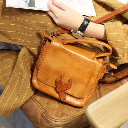 Vintage Womens Brown Small Leather Satchel Handbag Flap Over Shoulder Bag Red Crossbody Bag for Ladies