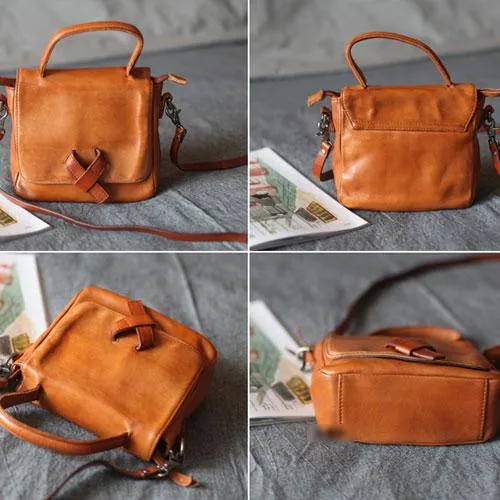 Vintage Womens Brown Small Leather Satchel Handbag Flap Over Shoulder Bag Red Crossbody Bag for Ladies