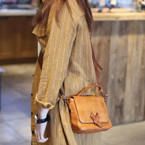 Vintage Womens Brown Small Leather Satchel Handbag Flap Over Shoulder Bag Red Crossbody Bag for Ladies