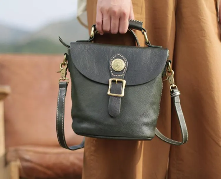 Vintage Womens Green Leather Bucket HandBag Barrel Shoulder Bag Purses for Ladies