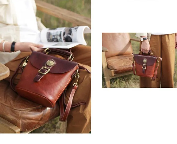 Vintage Womens Green Leather Bucket HandBag Barrel Shoulder Bag Purses for Ladies