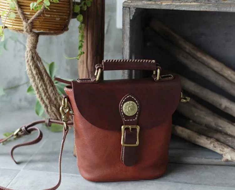 Vintage Womens Green Leather Bucket HandBag Barrel Shoulder Bag Purses for Ladies