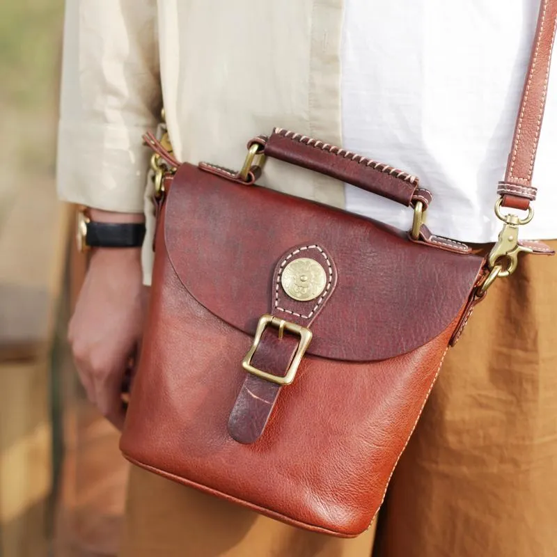 Vintage Womens Green Leather Bucket HandBag Barrel Shoulder Bag Purses for Ladies