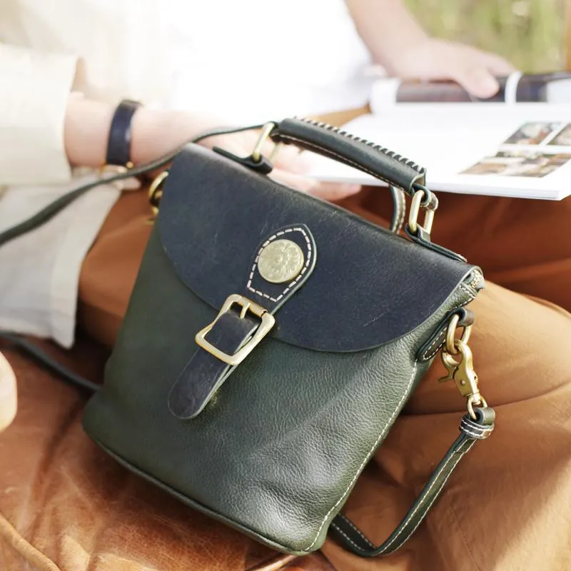 Vintage Womens Green Leather Bucket HandBag Barrel Shoulder Bag Purses for Ladies