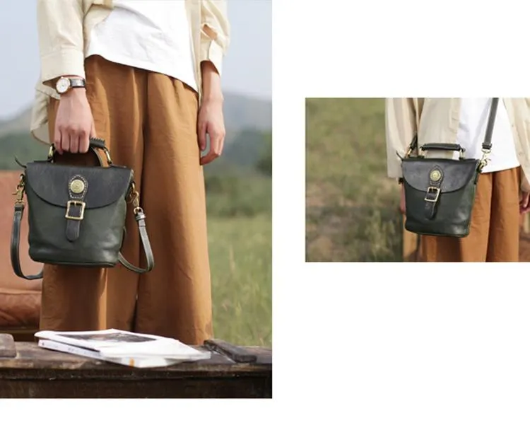 Vintage Womens Green Leather Bucket HandBag Barrel Shoulder Bag Purses for Ladies