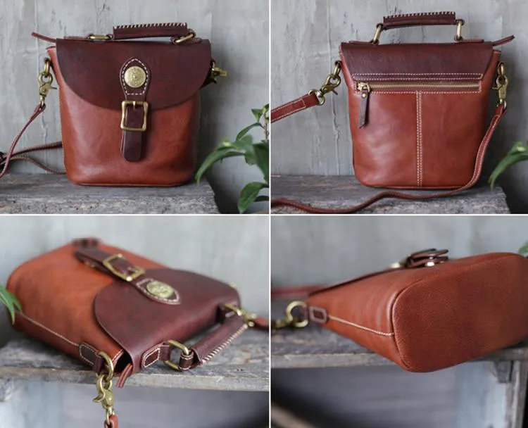 Vintage Womens Green Leather Bucket HandBag Barrel Shoulder Bag Purses for Ladies