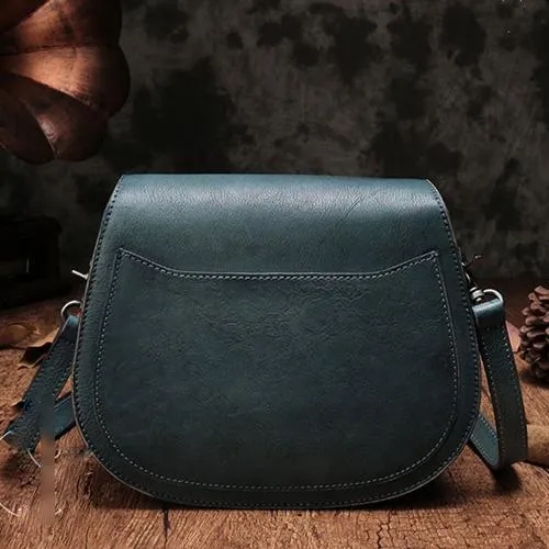 Vintage Womens Green Leather Saddle Handbag Vintage Style Shoulder Purses for Ladies