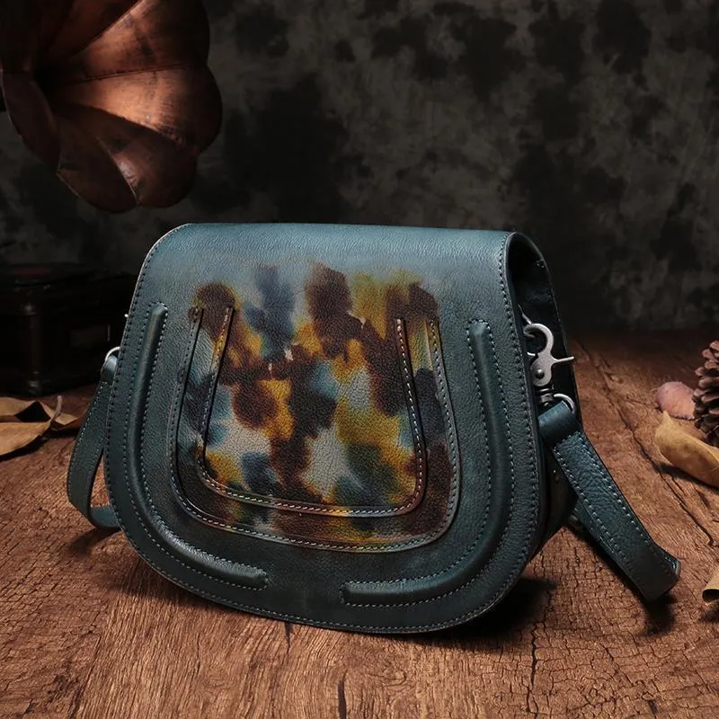 Vintage Womens Green Leather Saddle Handbag Vintage Style Shoulder Purses for Ladies