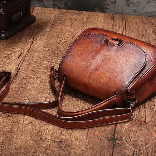 Vintage Womens Green Leather Small Handbag Shoulder Bag Brown Dome Satchel Purse Bag for Ladies
