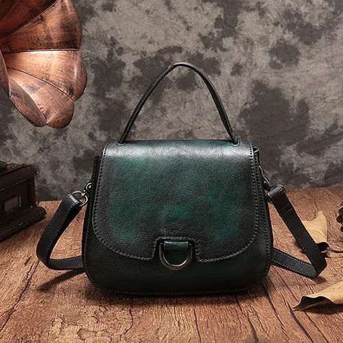 Vintage Womens Green Leather Small Handbag Shoulder Bag Brown Dome Satchel Purse Bag for Ladies
