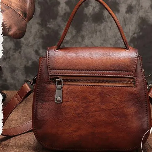 Vintage Womens Green Leather Small Handbag Shoulder Bag Brown Dome Satchel Purse Bag for Ladies