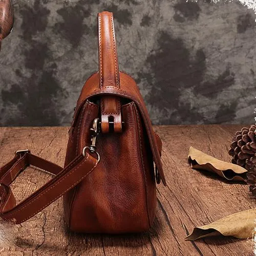 Vintage Womens Green Leather Small Handbag Shoulder Bag Brown Dome Satchel Purse Bag for Ladies