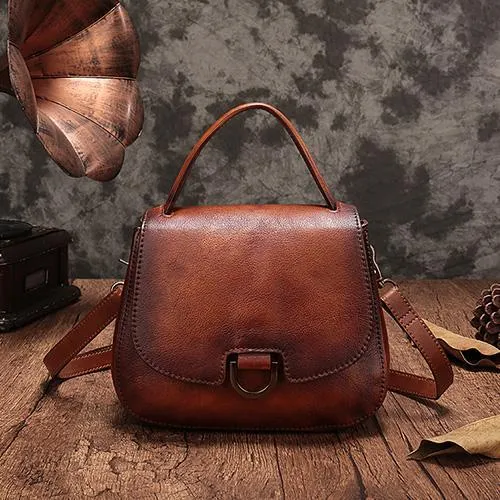 Vintage Womens Green Leather Small Handbag Shoulder Bag Brown Dome Satchel Purse Bag for Ladies