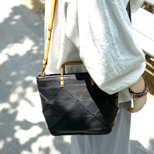 Vintage Womens Leather Black Tote Handbag Purse Quilted Brown Leather Shoulder Bag Tote