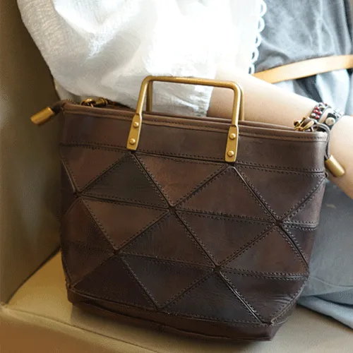 Vintage Womens Leather Black Tote Handbag Purse Quilted Brown Leather Shoulder Bag Tote