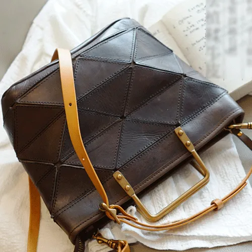 Vintage Womens Leather Black Tote Handbag Purse Quilted Brown Leather Shoulder Bag Tote